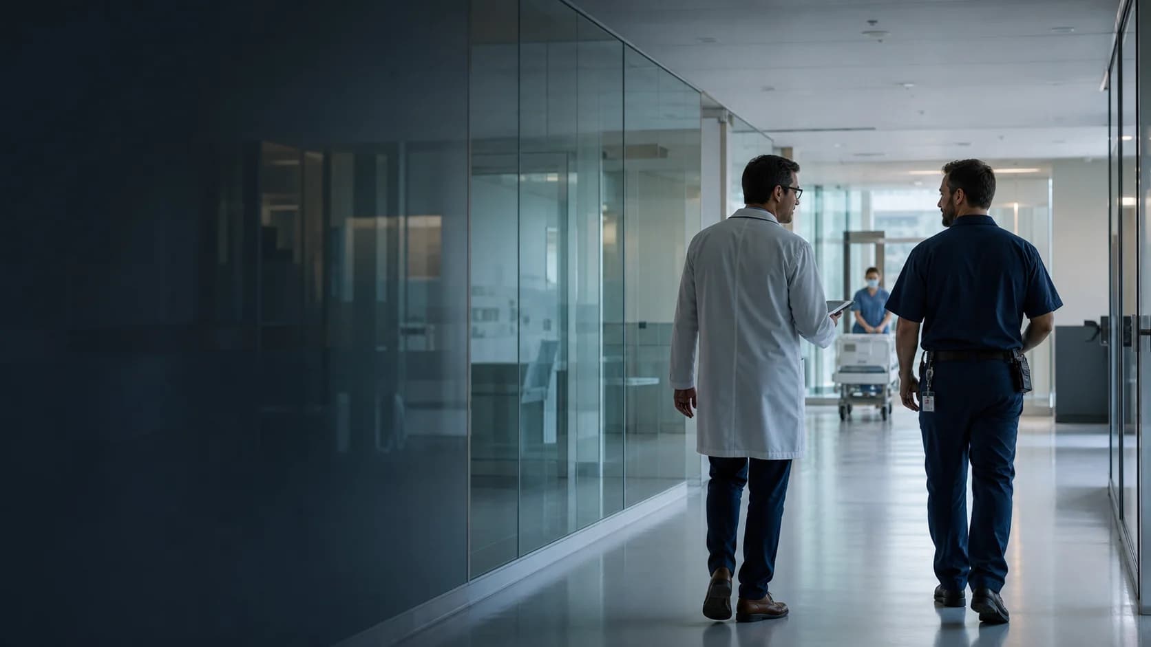 Engenheiro clínico e técnico percorrendo um hospital