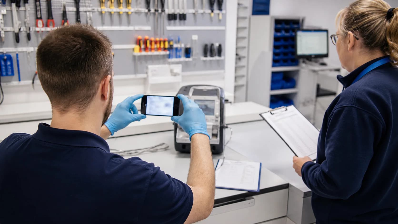 Técnico registrando evidência prática sem expor dados sensíveis