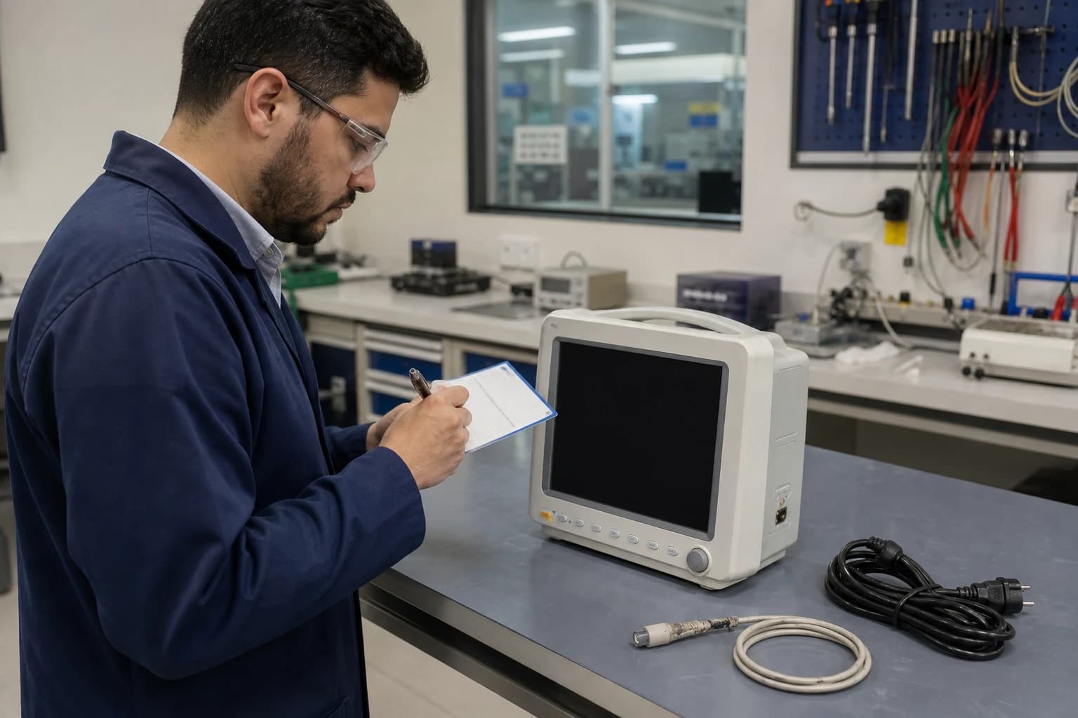 Técnico realizando inspeção visual externa em equipamento desligado antes de decidir o próximo passo