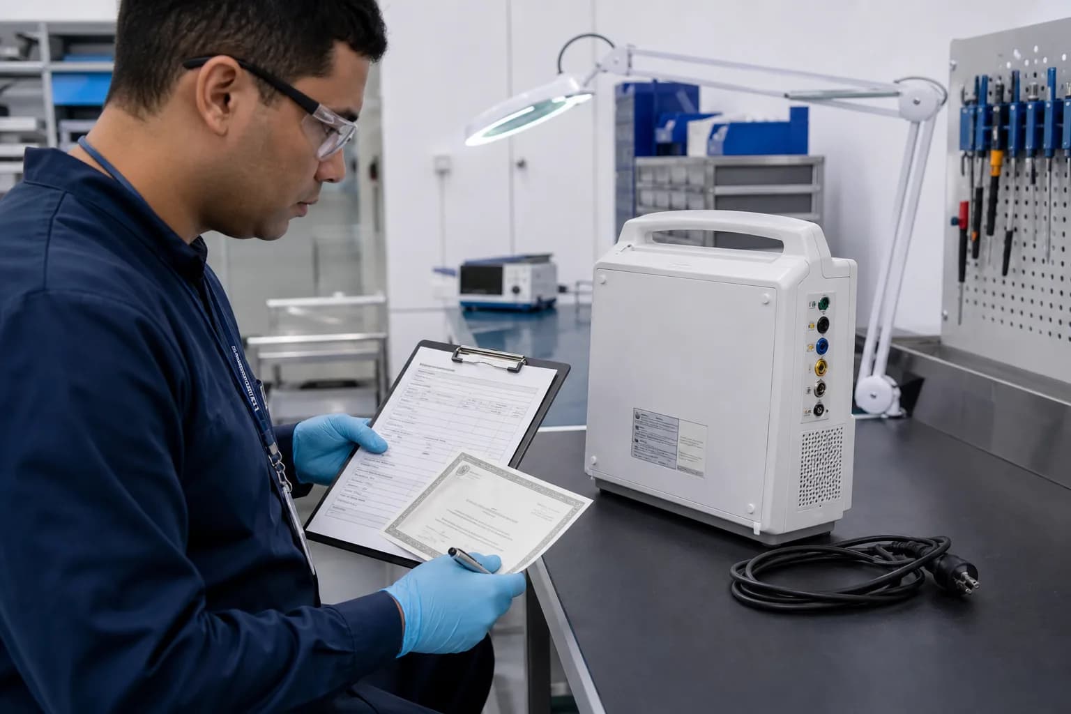 Técnico documentando uma inspeção segura em oficina de engenharia clínica