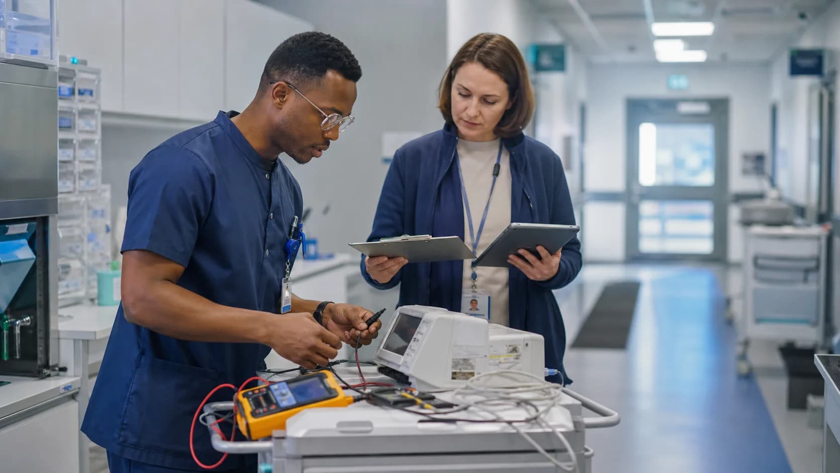 Técnico e engenheira clínica analisando juntos uma ocorrência em equipamento hospitalar