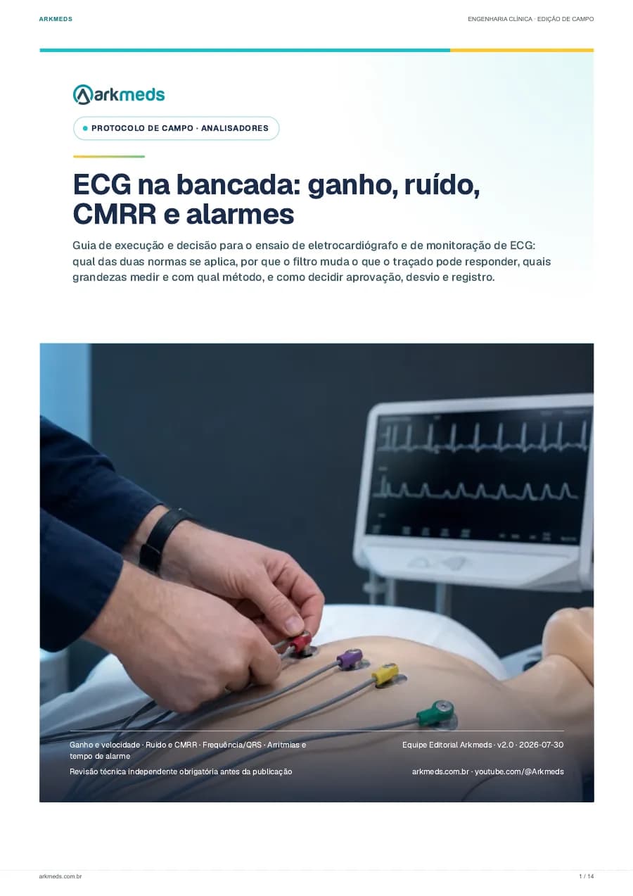 Capa do material ECG na bancada: ganho, ruído, CMRR e alarmes
